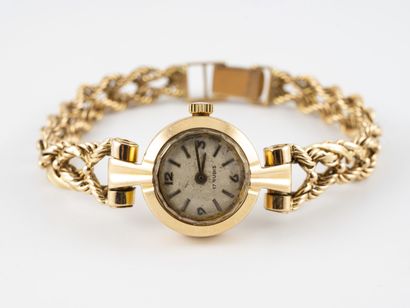 null Lady's watch in yellow gold (750).

Round case. 

Dial with silvered guilloche...