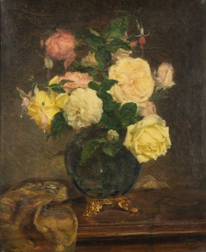Paul JANCE (1840-1915) Roses et fuchsia dans un vase en verre bleu.

Roses blanches...