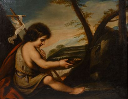 Dans le goût de Bartolome Esteban MURILLO (1618-1692) Saint John the Baptist sitting...