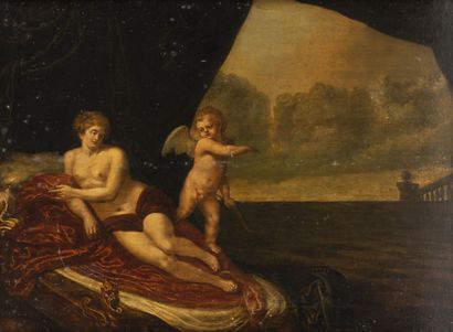 École du XVIIIème siècle Venus et Cupidon sur une terrasse.

Huile sur panneau de...
