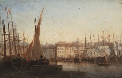 André MAGLIONE (1838-1923) Bateaux dans le port de Marseille.

Huile sur panneau.

Signée...