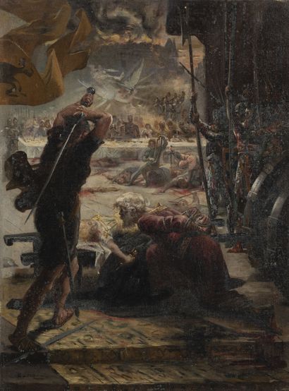 Edmond Louis DUPAIN (1847-1933) Scène de tragédie médiévale.

Huile sur toile. 

Signée...