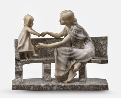 D'après Guglielmo PUGI (c. 1850-1915) Woman and child on a bench.

Sculpture in cream...