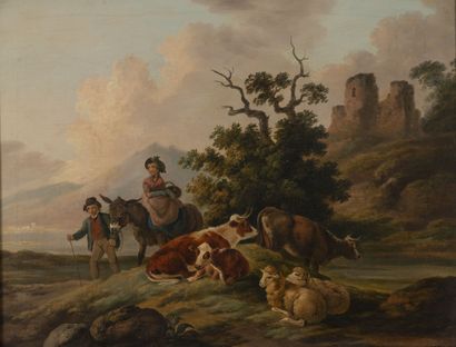 Peter LE CAVE (act.c.1769-1816) - Cavalier et son troupeau devant des ruines.

-...