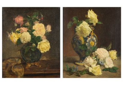 Paul JANCE (1840-1915) Roses and fuchsia in a blue glass vase.

White roses in an...