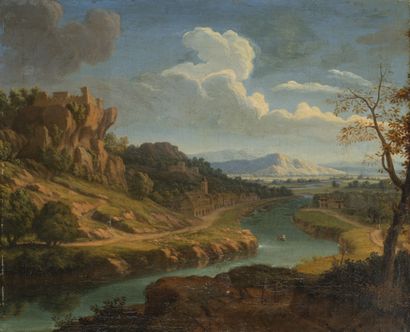 Attribuée à Nicolas SPHEYMAN (act.1695-1739) Château surplombant une rivière. 

Huile...