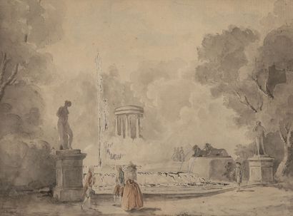 Ecole de la fin du XVIIIème siècle Promeneurs devant une fontaine dans un parc.

Lavis...
