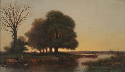 Nicolas RENIE (1808-?) Paysage à la rivière au crépuscule, animé d'un troupeau de...