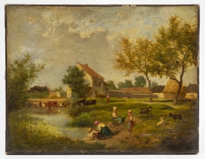 Ecole du XIXème siècle. Lavandières à l'étang avec vaches devant une ferme.

Huile...