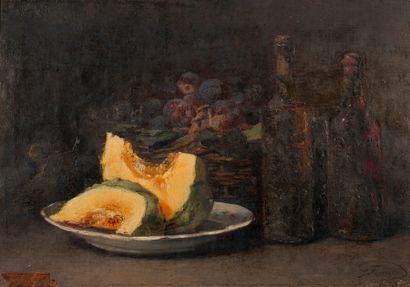 Guillaume Romain FOUACE (1827-1895) Still life with melon slices, grape basket and...