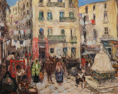 Fernand ALLARD L'OLIVIER (1883-1933) Place animée à Palerme, 1923.
Huile sur toile.
Signée,...