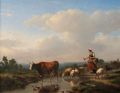 Eugène VERBOECKHOVEN (1798/99-1881) Fermière dans un paysage, 1852.
Huile sur panneau.
Signée...