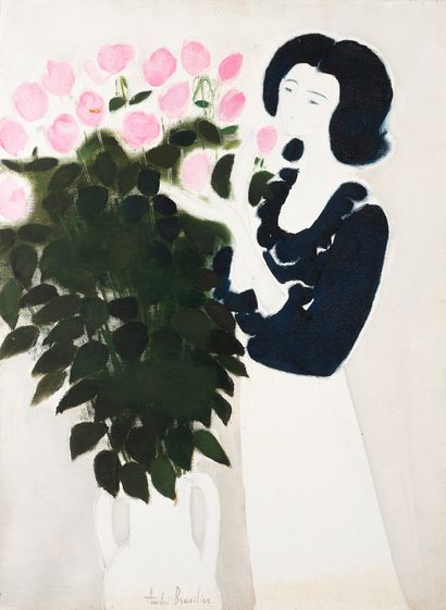 André BRASILIER (1929) Femme au bouquet de roses, 1975.
Huile sur toile.
Signée en...