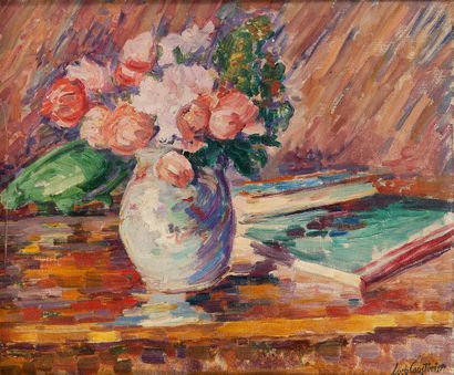 Lucie COUSTURIER (1870/78-1925) Nature morte au bouquet de pivoines.
Huile sur toile.
Signée...