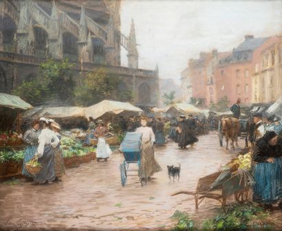 Victor GILBERT (1847-1935) Le marché de Dieppe animé.
Pastel sur papier marouflé...