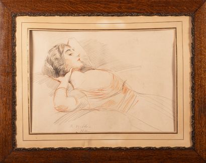 Paul-César HELLEU (1859-1925) Portrait de femme alanguie [Madeleine Cheruit?]
Crayon...