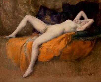 Albert Joseph PENOT (1862-1930) Femme nue couchée.
Huile sur panneau.
Signée en bas...