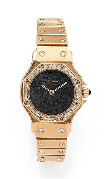 CARTIER Santos Ronde Yellow gold (750) ladies' wristwatch.
Round case, octagonal...