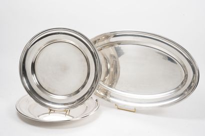 BOUILLET BOURDELLE pour ERMITAGE Elysées Three silver plated dishes, two round and...