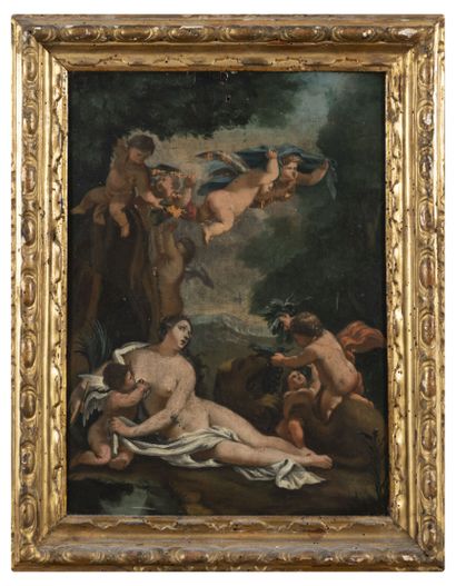 Ecole Française du XVIIIème siècle Charity and putti in a wooded landscape. 

Oil...