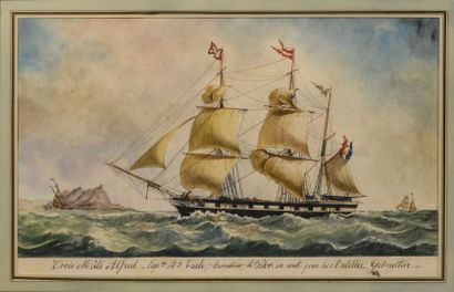 R. PONT (XIXème) The three-masted Alfred en route to the West Indies, passing Gibraltar.

Watercolor,...