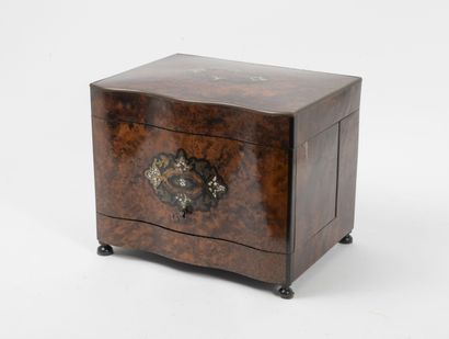 null Liqueur cabinet in burr cedar veneer, decorated on the lid and front with a...