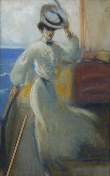Louis FORTUNEY (1875-1951) Élégante retenant son chapeau sur le pont d'un voilier.

Pastel....