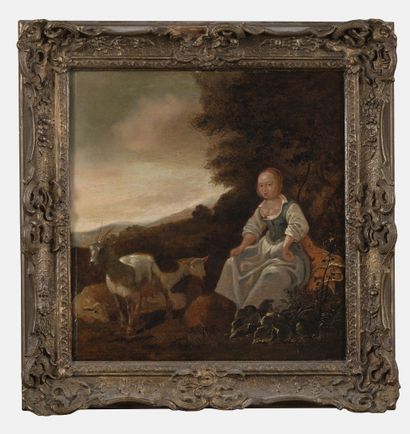 École du nord du XVIIIème siècle Young shepherdess goat and sheep.

Oil on panel....