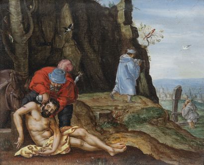 Symonsz Jacob PYNAS (Amsterdam 1585-Delft 1648) Le bon Samaritain.

Huile sur panneau.

Monogrammé...