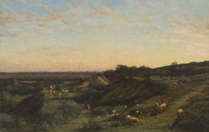 Louis Victor LEGENTILE (1815-1889) Shepherd and his flock in the hills at sunset.

Oil...