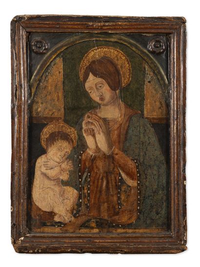 École ITALIENNE vers 1500 Virgin and child.

Oil on panel (cracks, some holes, wear...
