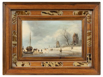 Ecole de la fin du XIXème ou début du XXème siècle Plage hollandaise en hiver animée...