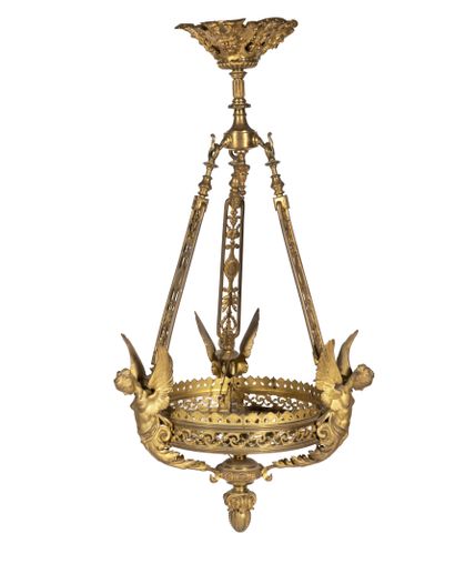 null Three-light gilt bronze suspension, in the form of a cup with openwork foliage,...