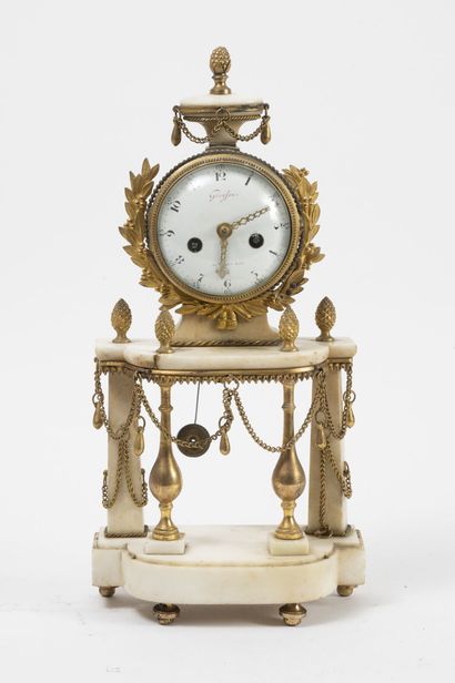 null Small ormolu and white marble portico clock in the Louis XVI style, base and...