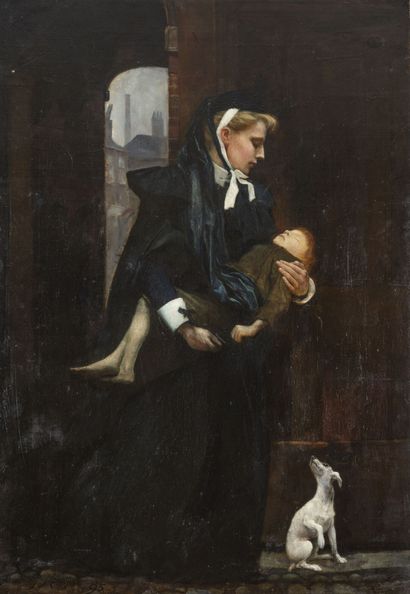 Arnold MOUNTFORT (1873-1942) Jeune femme recueillant un enfant des rues. [18]95.

Huile...