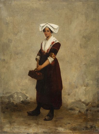 Nicolas BERTHON (1831-1888) Brayaude with headdress and clogs, holding a filled basket.

Oil...
