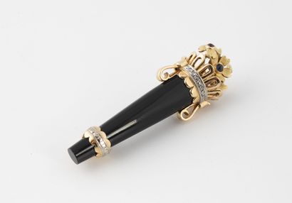 null Amusing brooch pendant in the form of a long flowering vase in onyx with a yellow...