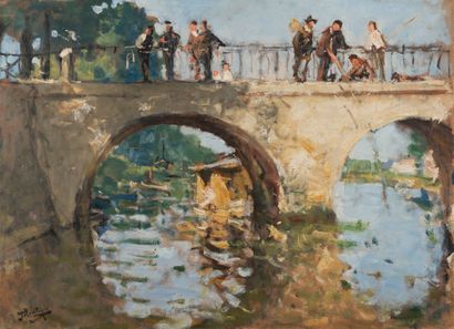 Pierre Eugène MONTEZIN (1874-1946) 
The fishermen on the bridge of Saint-Mammès.

Oil...