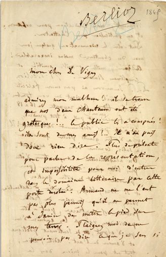 BERLIOZ Hector (1803-1869). 
L.A.S. « H. Berlioz », 17 mai [1845], à Alfred de VIGNY...