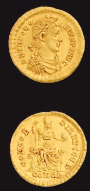 null MONNAIES ROMAINES, EMPIRE : Théodose I (379-395) : Solidus : 4.43 gr. Son buste...