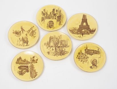 Manufacture Georges DREYFUS, Paris. 
Série de six assiettes en faïence jaune imprimée,...