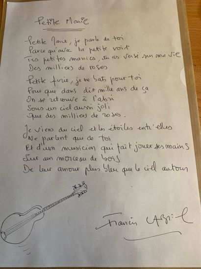 Les paroles manuscrites de la chanson "Petite Marie" écrites par Francis Cabrel Fan...