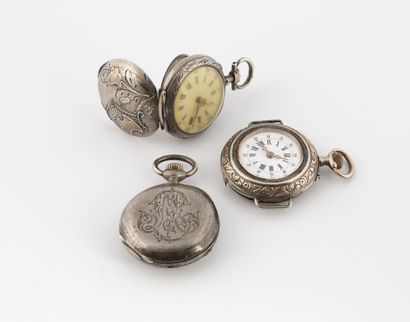 null Lot of two silver collar watches (800). 
White enameled dials, indexes with...
