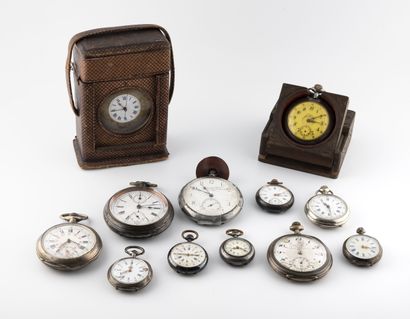 null Set of pocket, collar and barometer watches; white enameled dials indexes Arabic...