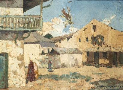 École orientaliste du XXème siècle Rue animée, 1939.
Huile sur carton. 
Signée et...