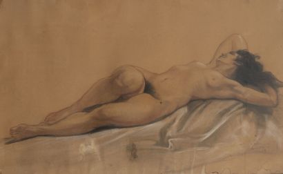 Jean DURAN (XIXème-XXème s.) Femme nue allongée sur le dos,1947.
Dessin au fusain...