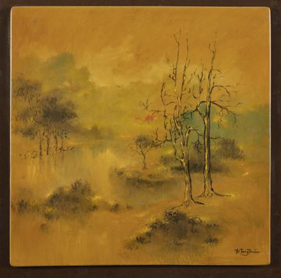 THUAN VU TRONG (1939) Paysage.
Panneau en bois laqué.
Signé en bas à droite.
40 x...