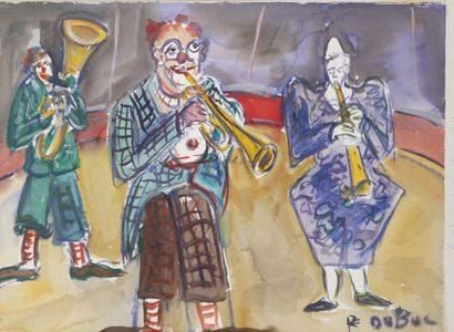 Roland DUBUC (1924-1998) Les clowns musiciens.
Aquarelle et crayons de couleur sur...