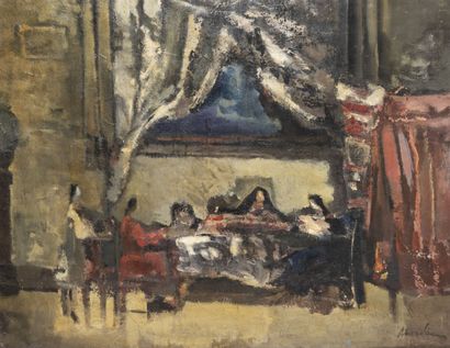 Alfred ABERDAM (1894-1963) Repas dans l'atelier.
Huile sur toile.
Signée en bas à...
