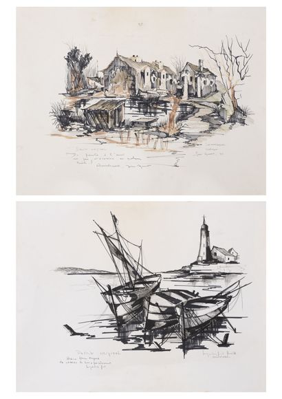 Jean AMIOT (1920) Lot de deux dessins :
-Marée basse, Guilvinec, 1976. 
Feutre sur...